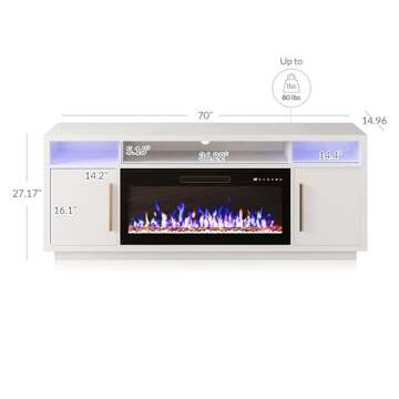 BELLEZE 70" Fireplace TV Stand for TVs Up to 80", LED Light Entertainment Center with 36" Electric Fireplace Heater, Storage Cabinet, Media Console Table for Living Room - Avenue (White)