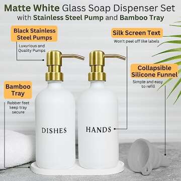RM Home White Glass Hand and Dish Soap Dispenser Set - Modern Farmhouse Sink Accessories - Liquid So...