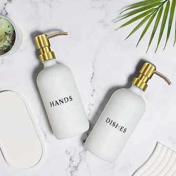 RM Home White Glass Hand and Dish Soap Dispenser Set - Modern Farmhouse Sink Accessories - Liquid Soap Dispenser - 16 oz Kitchen Sink Soap Dispenser Set with Tray, Gold Pumps & Funnel