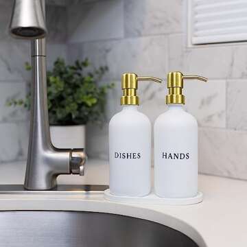 RM Home White Glass Hand and Dish Soap Dispenser Set - Modern Farmhouse Sink Accessories - Liquid Soap Dispenser - 16 oz Kitchen Sink Soap Dispenser Set with Tray, Gold Pumps & Funnel
