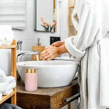 LALA DOLCE Foam Dispenser - Hand Pump Dispenser Beige Foaming Soap Dispenser Ceramic Dish Liquid Dispenser for Kitchen Bathroom Hand Wash Bottle (13.5oz/400ml Pink)