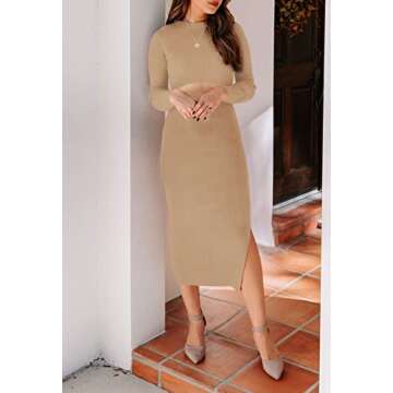 Pink Queen Women's Long Sleeve Bodycon Cutout Pencil Winter Party Wedding Sweater Knit Midi Dresses Apricot S