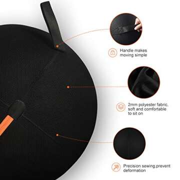 NAQIER Sitting Ball Chair with Cover, Exercise Yoga Ball for Office and Home Muscle Training Fitness, 65cm Workout Ball with Pump and Handle