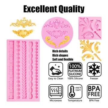 Baroque Silicone Molds (3 Pcs), Fondant Border Mold, Lace Scroll Relief Curlicues Chocolate Molds for Cake Decorations, Candy, Polymer Clay, Sugar Craft, Gum Paste, Pink