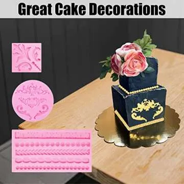 Baroque Silicone Molds (3 Pcs), Fondant Border Mold, Lace Scroll Relief Curlicues Chocolate Molds for Cake Decorations, Candy, Polymer Clay, Sugar Craft, Gum Paste, Pink