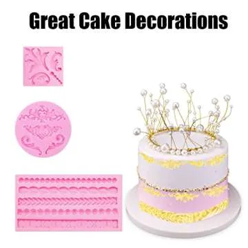 Baroque Silicone Molds (3 Pcs), Fondant Border Mold, Lace Scroll Relief Curlicues Chocolate Molds for Cake Decorations, Candy, Polymer Clay, Sugar Craft, Gum Paste, Pink