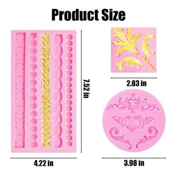 Baroque Silicone Molds (3 Pcs), Fondant Border Mold, Lace Scroll Relief Curlicues Chocolate Molds for Cake Decorations, Candy, Polymer Clay, Sugar Craft, Gum Paste, Pink