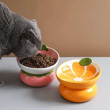 Yeexoxow Ceramic Raised/Elevated Cat Food Bowl for Indoor Cats, Anti Vomiting & Protect Pet's Spine, Cute Fruit Themed Tilted Cat Dish for Flat Faced Cats and Kitten (Orange Shaped)
