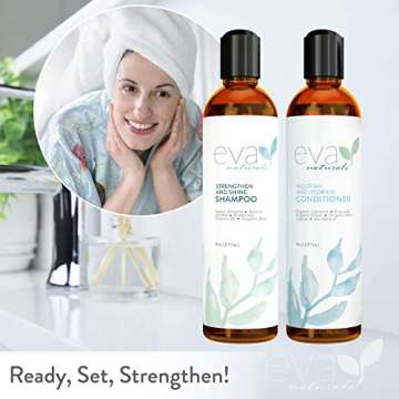 Natural Strengthening Hair Shampoo and Conditioner Set - All Hair Types Hair Care Set with Amino Acids, Herbal Extracts Add Shine and Moisture to Revive Color Treated Hair by Eva Naturals, 8 oz. Each