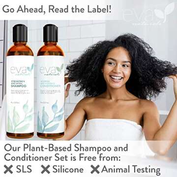 Natural Strengthening Hair Shampoo and Conditioner Set - All Hair Types Hair Care Set with Amino Acids, Herbal Extracts Add Shine and Moisture to Revive Color Treated Hair by Eva Naturals, 8 oz. Each