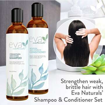 Natural Strengthening Hair Shampoo and Conditioner Set - All Hair Types Hair Care Set with Amino Acids, Herbal Extracts Add Shine and Moisture to Revive Color Treated Hair by Eva Naturals, 8 oz. Each