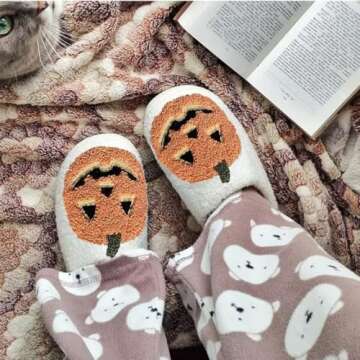 JINLONYU Halloween Slippers for Women Men Cute Lantern Pumpkin Shoes Cozy Warm Plush Fuzzy Slip On H...
