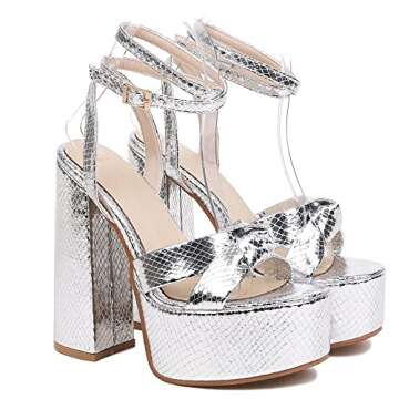 YIYA Women's Silver Metallic Platform Chunky Heeled Sandals – Elegant Dress Shoes for Weddings and...