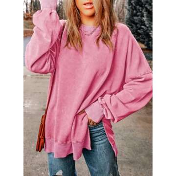 SHEWIN Womens Fall Fashion 2024 Casual Crewneck Lightweight Pullover Sweatshirts Loose Long Sleeve Tops Oversized Sweatshirt for Women,US 12-14(L),Pink