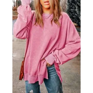 SHEWIN Womens Fall Fashion 2024 Casual Crewneck Lightweight Pullover Sweatshirts Loose Long Sleeve Tops Oversized Sweatshirt for Women,US 12-14(L),Pink