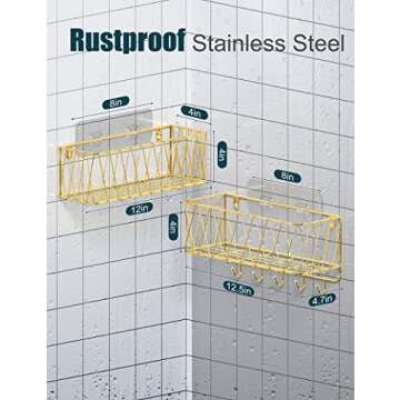 Iperlife Adhesive Shower Caddy Basket Shelf, Bathroom Shampoo Organizer Shelves, Kitchen Storage Rack, No Drilling Wall Mounted Rustproof Shower Shelf for Inside Shower - 2 Pack (Gold)