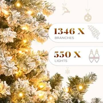 YITAHOME Prelit Snow Flocked Artificial Full Christmas Tree, 7.5ft Christmas Pine Tree with 1346 Branch Tips, 8 Light-Modes, and Foldable Base for Home, Party Decoration