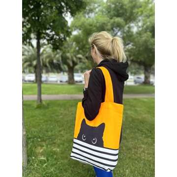Cat Tote Bag - Black Cat Gifts for Cat Lovers - Cat Mom Gifts - Cat Lover Gifts for Women - Cat Themed Gifts - Reusable Canvas Tote Bag - Birthday Bags for Cat Lady Gifts (Yellow Cat)