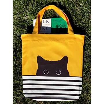 Cat Tote Bag - Black Cat Gifts for Cat Lovers - Cat Mom Gifts - Cat Lover Gifts for Women - Cat Themed Gifts - Reusable Canvas Tote Bag - Birthday Bags for Cat Lady Gifts (Yellow Cat)