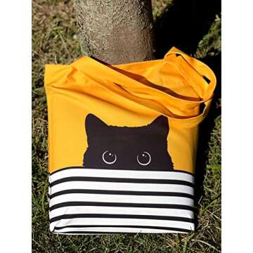 Cat Tote Bag - Black Cat Gifts for Cat Lovers - Cat Mom Gifts - Cat Lover Gifts for Women - Cat Themed Gifts - Reusable Canvas Tote Bag - Birthday Bags for Cat Lady Gifts (Yellow Cat)