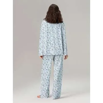 Women 2 Piece Floral Pajamas Lounge Set Y2k Long Sleeve Button Down Shirts Wide Leg Pants Pjs Matching Sets Fall Sleepwear 19_Blueberry_Blue,Large