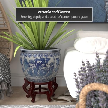 Elegant Red Lantern 16" Blue & White Porcelain Fishbowl