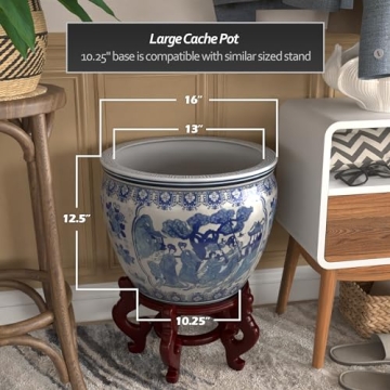 Elegant Red Lantern 16" Blue & White Porcelain Fishbowl