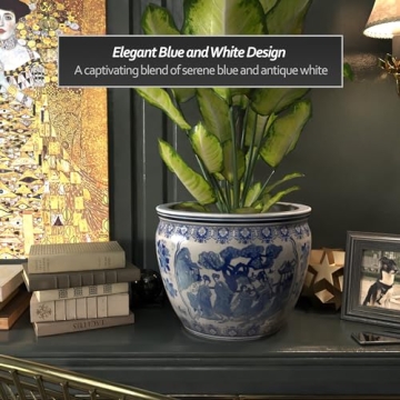 Elegant Red Lantern 16" Blue & White Porcelain Fishbowl