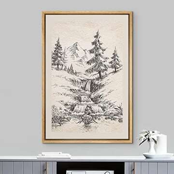 IDEA4WALL Framed Canvas Print Wall Art River Rapid & Pine Tree Forest Nature Wilderness Illustration...