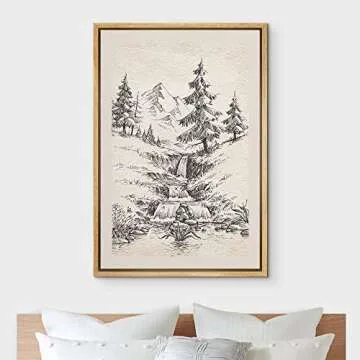 IDEA4WALL Framed Canvas Print Wall Art River Rapid & Pine Tree Forest Nature Wilderness Illustrations Fine Art Decorative Elements Farmhouse/Country for Living Room, Bedroom, Office - 16"x24" Natural