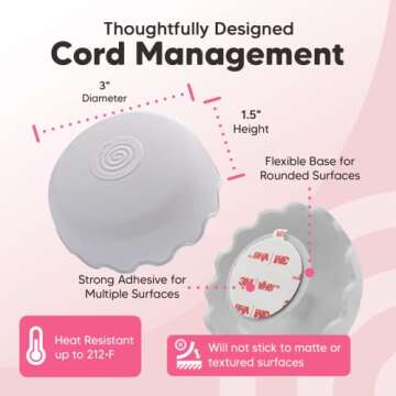 2-Pack Heat-Resistant Cord Organizer for Appliances, Kitchen, Computers & More | Stick-On Cord Wrappers with Flexible Base, Secure Scalloped Edge, Gray (3 x 1.5 Inches)