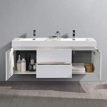 Fresca Valencia 60 Inch Glossy White Wall Hung Double Sink Modern Wood Bathroom Vanity - Faucet Not ...