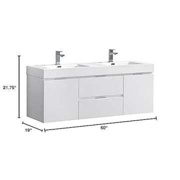 Fresca Valencia 60 Inch Glossy White Wall Hung Double Sink Modern Wood Bathroom Vanity - Faucet Not Included - FCB8360WH-D-I