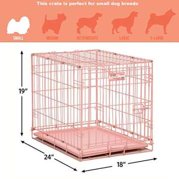 MidWest Homes for Pets Single Door iCrate 24" Pink Folding Metal Dog Crate w/ Divider Panel, Floor Protecting "Roller" Feet & Leak Proof Plastic Tray; 24L x 18W x 19H Inches, Small Dog Breed