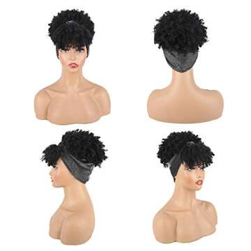 Aisaide Gray Headband Wigs for Black Women,Afro Headband Wig Synthetic Short Curly Wigs Afro Kinky Curly Black Wig with Bangs Wrap Wigs 2 in 1 Head Wrap Wig with Headband Attached Turban Wig