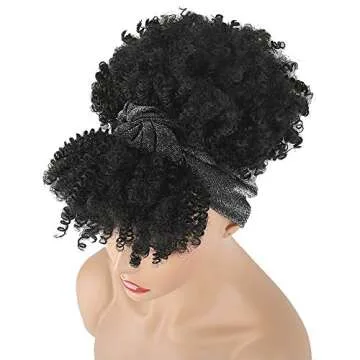 Aisaide Gray Headband Wigs for Black Women,Afro Headband Wig Synthetic Short Curly Wigs Afro Kinky Curly Black Wig with Bangs Wrap Wigs 2 in 1 Head Wrap Wig with Headband Attached Turban Wig