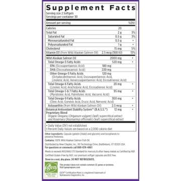 New Chapter Wholemega Fish Oil Supplement - Wild Alaskan Salmon Oil with Omega-3 + Vitamin D3 + Astaxanthin + Sustainably Caught - 60 ct, 1000mg Softgels