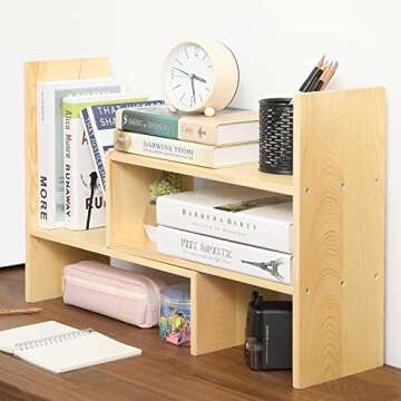 MyGift Solid Wood Desktop Shelf Organizer, Adjustable Office Dorm Desk Bookshelf Storage Display Rack, Beige