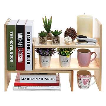 MyGift Solid Wood Desktop Shelf Organizer, Adjustable Office Dorm Desk Bookshelf Storage Display Rack, Beige