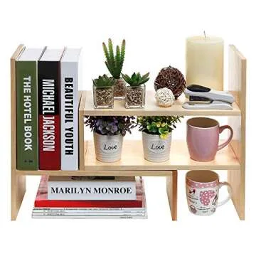 MyGift Solid Wood Desktop Shelf Organizer, Adjustable Office Dorm Desk Bookshelf Storage Display Rack, Beige