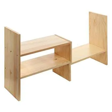 MyGift Solid Wood Desktop Shelf Organizer, Adjustable Office Dorm Desk Bookshelf Storage Display Rack, Beige