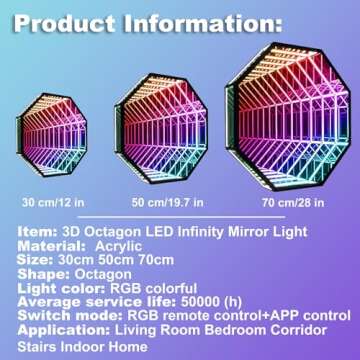 XQDUPDA 3D LED Infinity Mirror Light with APP Control & Remote Control, Multicolor Tunnel Lamp for Home Decor, Bedroom, Living Room, Party, Bar & Gaming (Octagon-12 in/30 CM)