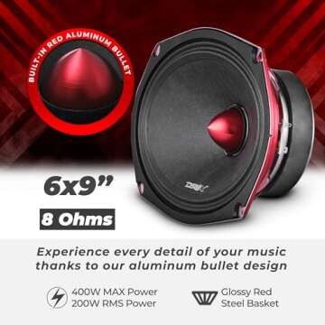DS18 PRO-X698 BM Loudspeaker - 6x9, Midrange, Red Aluminum Bullet, 400W Max, 200W RMS, 8 Ohms - Prem...