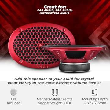 DS18 PRO-X698 BM Loudspeaker - 6x9, Midrange, Red Aluminum Bullet, 400W Max, 200W RMS, 8 Ohms - Premium Quality Audio Door Speakers for Car,Truck and Motorcycle Stereo Sound System (1 Speaker)