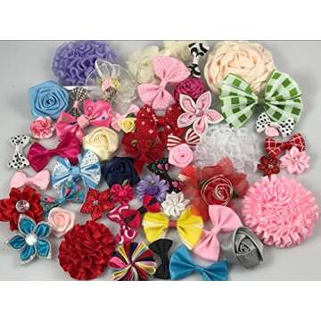 YAKA 50Pcs Mix Bulk Flowers Bows Craft DIY Project Kits for Hair Accessories (Headbands,Hair Clips,H...