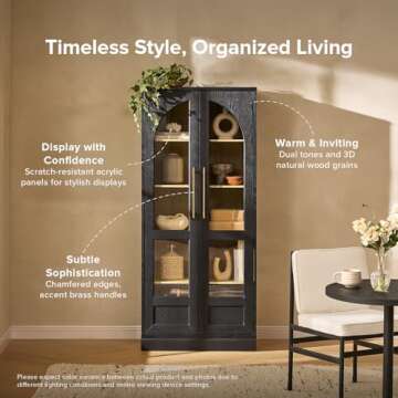 mopio Blake Tall Display Cabinet, Kitchen Buffet Pantry Cupboard, Trophy Display Case, Storage Cabinet Scratch Resistant Acrylic, Modern Farmhouse Curio Organizer (Black Oak Arched, Set of 2)