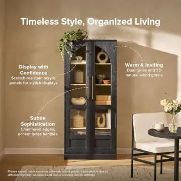 mopio Blake Tall Display Cabinet, Kitchen Buffet Pantry Cupboard, Trophy Display Case, Storage Cabinet Scratch Resistant Acrylic, Modern Farmhouse Curio Organizer (Black Oak Arched, Set of 2)