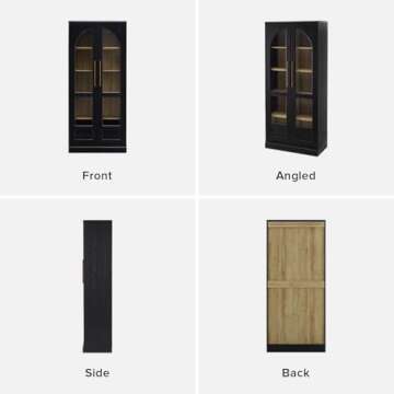 mopio Blake Tall Display Cabinet, Kitchen Buffet Pantry Cupboard, Trophy Display Case, Storage Cabinet Scratch Resistant Acrylic, Modern Farmhouse Curio Organizer (Black Oak Arched, Set of 2)