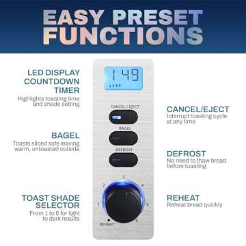 Elite Gourmet ECT2145 Extra Wide Slot 2-Slice Toaster, Bagel Function Reheat, Defrost, & Cancel Functions, 6 Toast Settings, Built-in Warming Rack, Countdown Timer, Stainless Steel