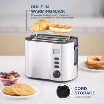 Elite Gourmet ECT2145 Extra Wide Slot 2-Slice Toaster, Bagel Function Reheat, Defrost, & Cancel Functions, 6 Toast Settings, Built-in Warming Rack, Countdown Timer, Stainless Steel